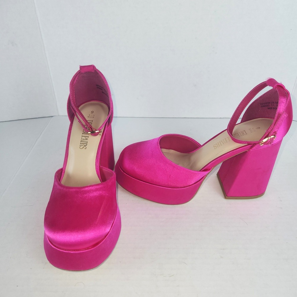 Dream Pairs Hot Pink Satin Platform Chunky Block Heel Ankle Strap Pumps Size 9